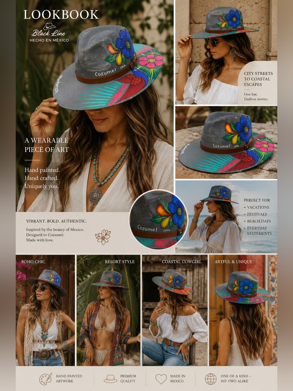 Hand Painted Mexican Fedora Hat | Black Line | Made In Mexico